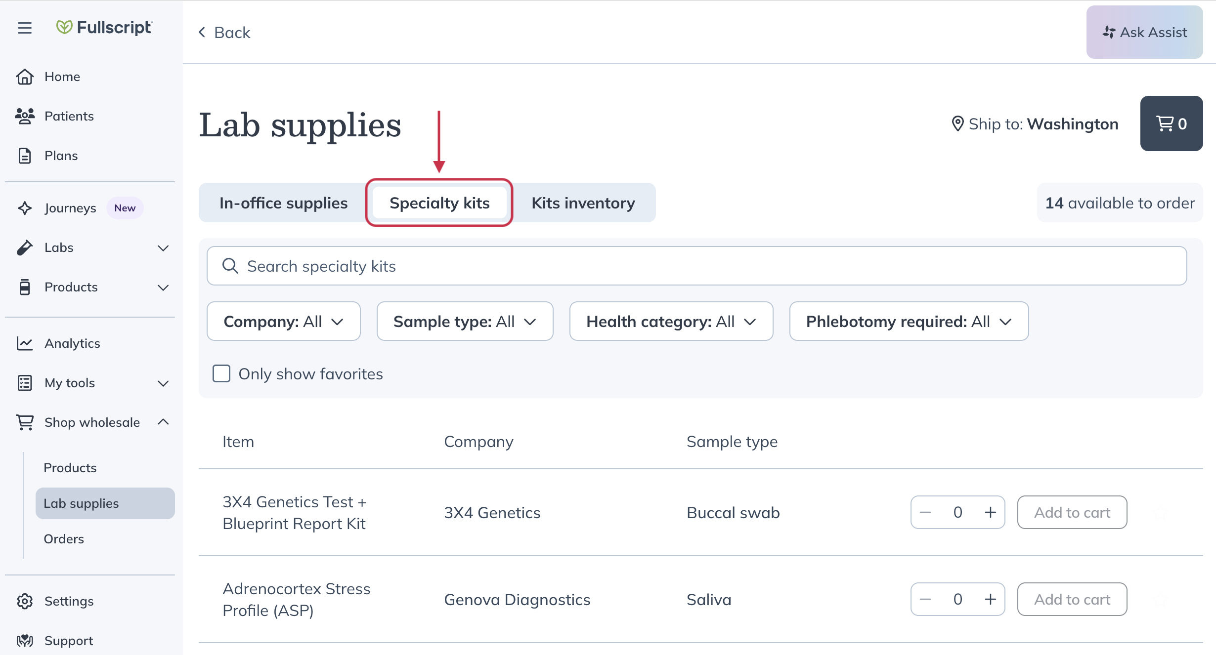 Specialty kits tab selected in the Lab supplies page.